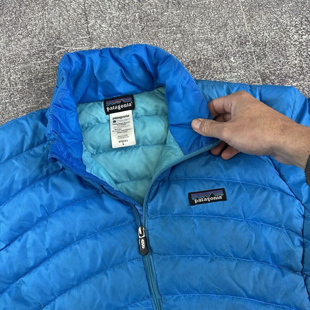 Women's Patagonia Powder Blue Down Full Zip Up Light Puffer Sweater Jacket Sz L